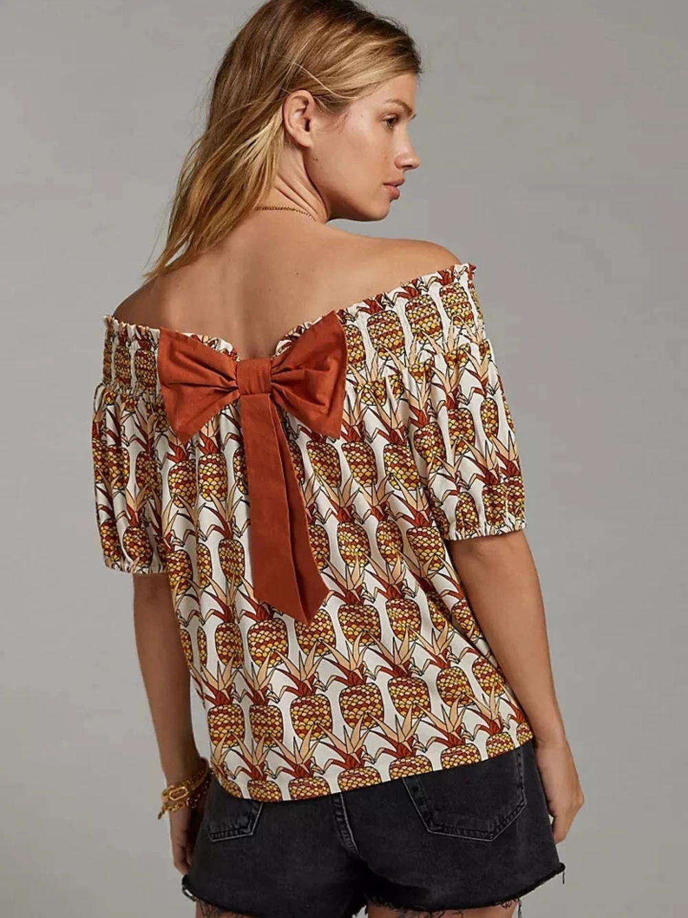 Anthropologie x Porridge Pineapple Print Bow Back Off Shoulder Top Blouse XS